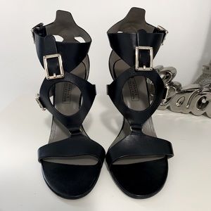 Versace collection black buckle sandal.